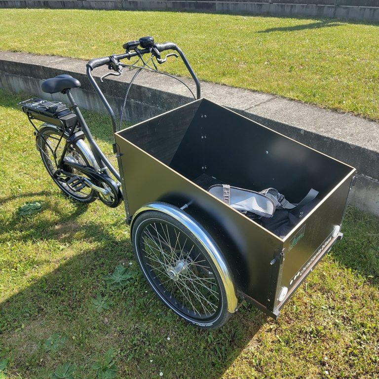 Foto von einem Lastenfahrrad auf Wiese vor einer Steinkante im Hintergrund.